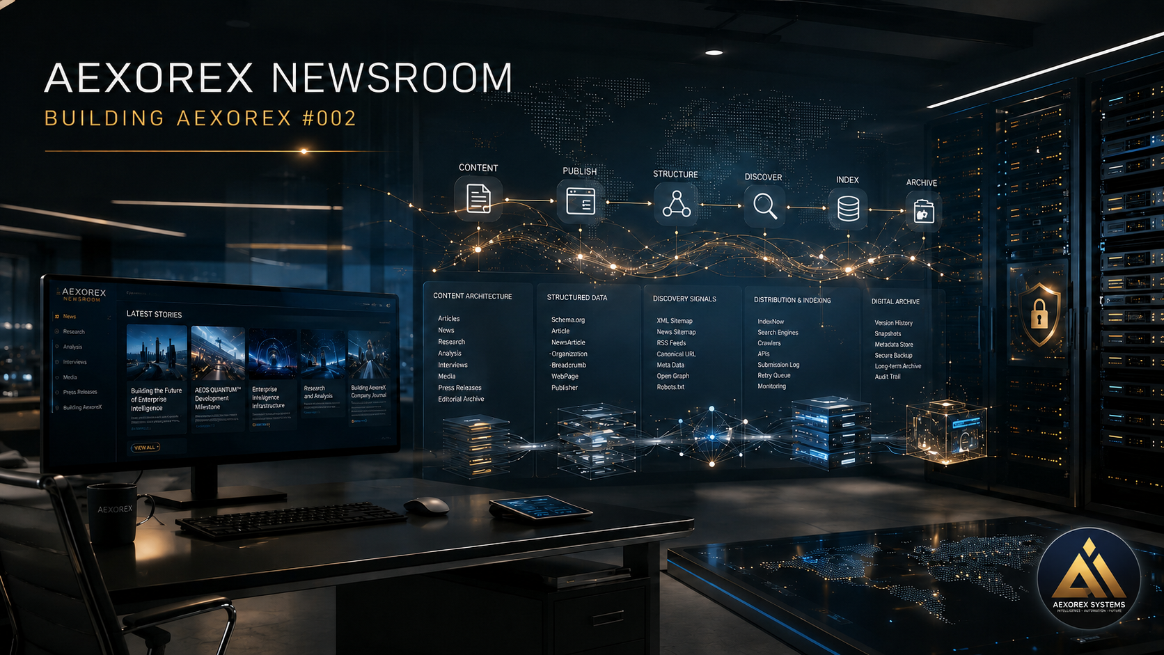 Premium editorial illustration of a modern newsroom workspace with digital publishing infrastructure